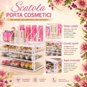 Scatola Porta Cosmetici Multiuso Elegante Organizer Beauty Salvaspazio con Cassetti Porta Trucco Trasparente Grande Capacità - immagine 2
